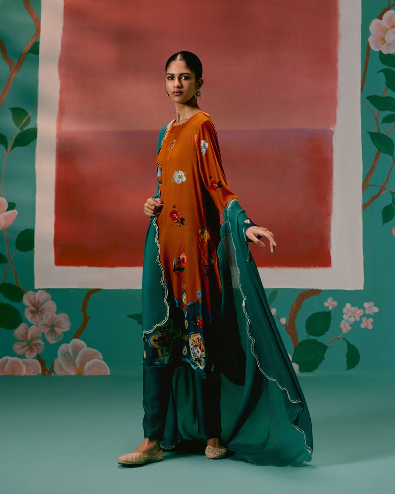 Mustard Teal Floral Velvet Kurta Set by Label Mogra in mustard color for women Worldwide