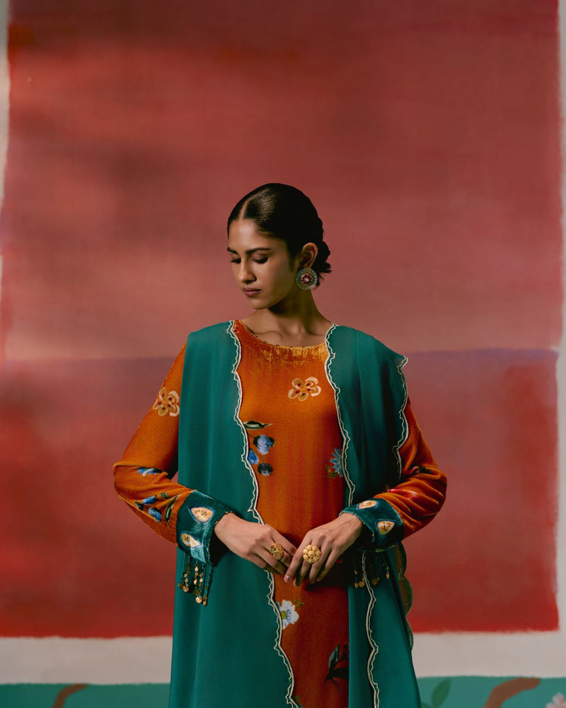 Mustard Teal Floral Velvet Kurta Set by Label Mogra in mustard color for women Worldwide