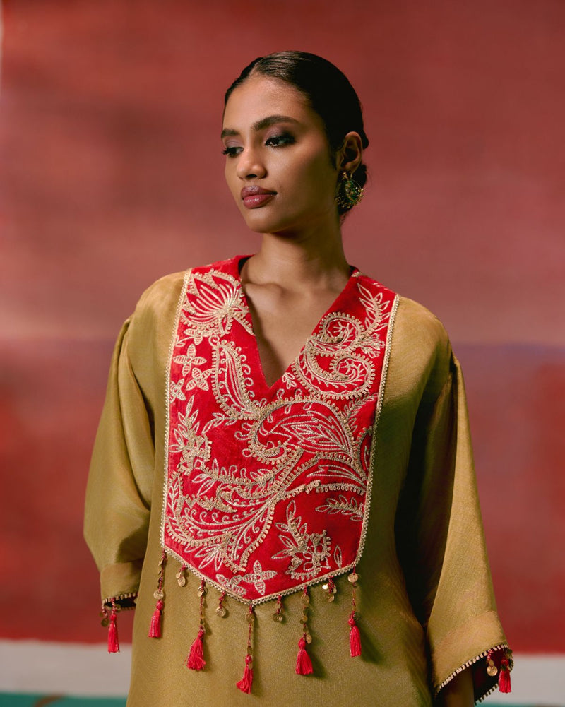 Mustard Tissue Kaftan Set tissue by Label Mogra in mustard color for women Worldwide