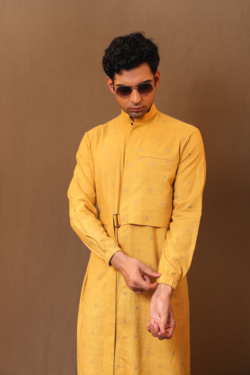 Mustard Zari Club EMB Belted Kurta Set (2 PCS)