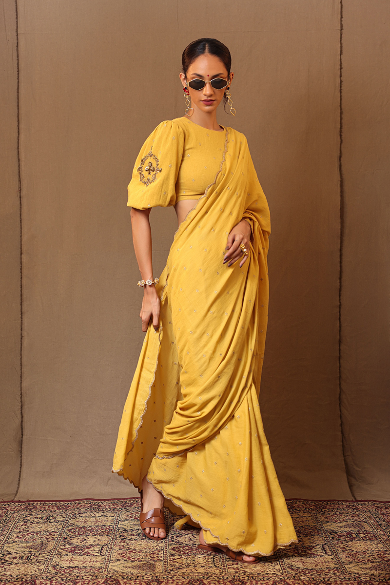 Mustard Zari Club EMB Saree 100% cotton by Mati in mustard color for women Worldwide