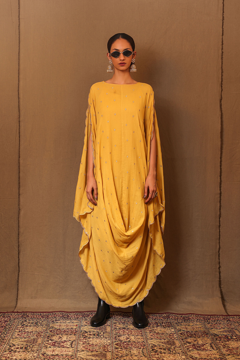 Mustard Zari Spade EMB Cowl Dress 100% cotton by Mati in mustard color for women Worldwide