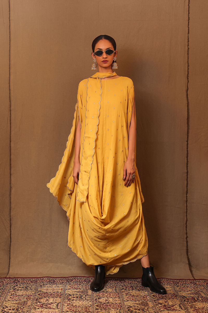 Mustard Zari Spade EMB Cowl Dress & Stole (3 PCS) 100% cotton by Mati in mustard color for women Worldwide