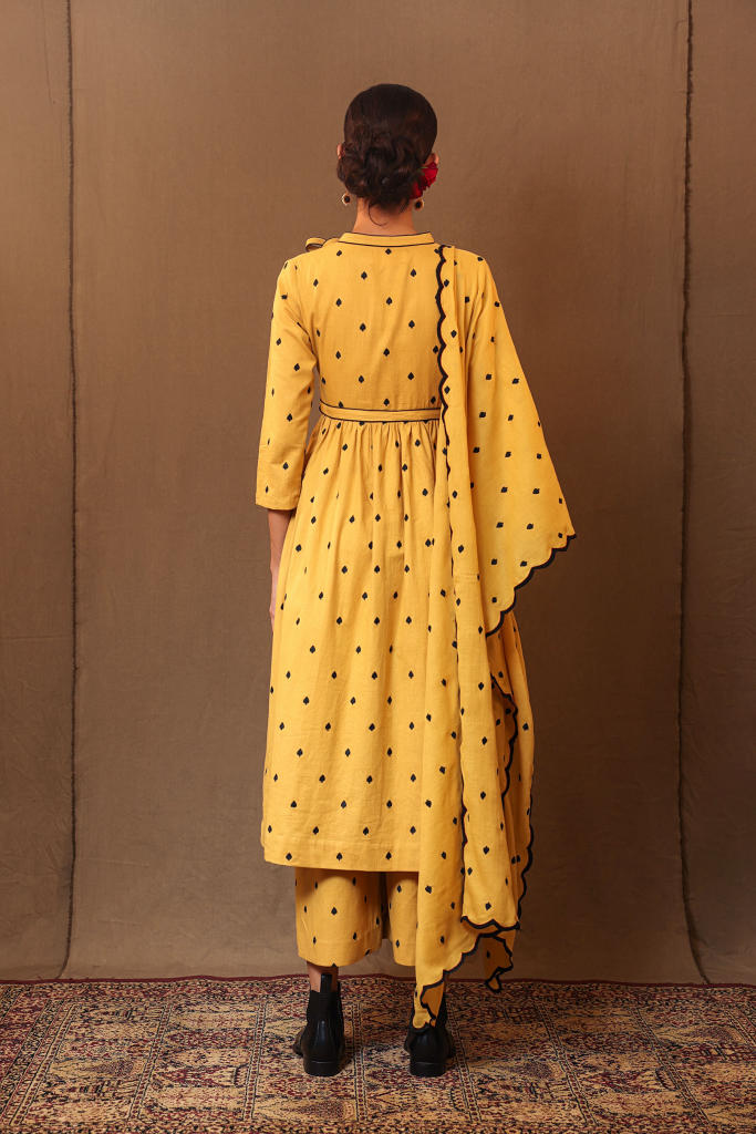 Mustard Club EMB RE Pants 100% cotton by Mati in mustard color for women Worldwide