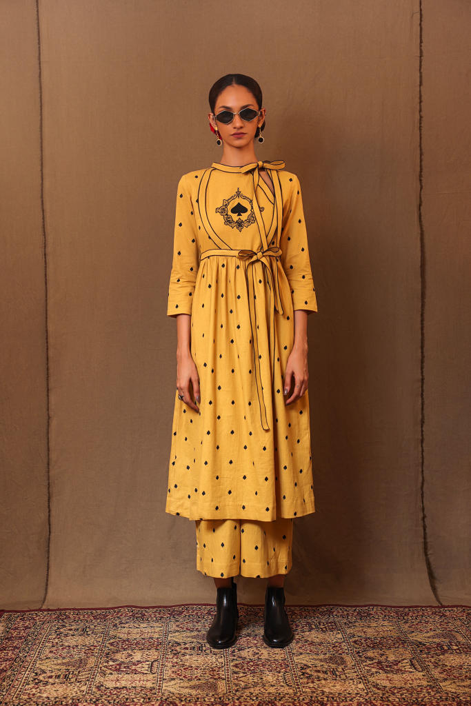 Mustard Club EMB RE Pants 100% cotton by Mati in mustard color for women Worldwide