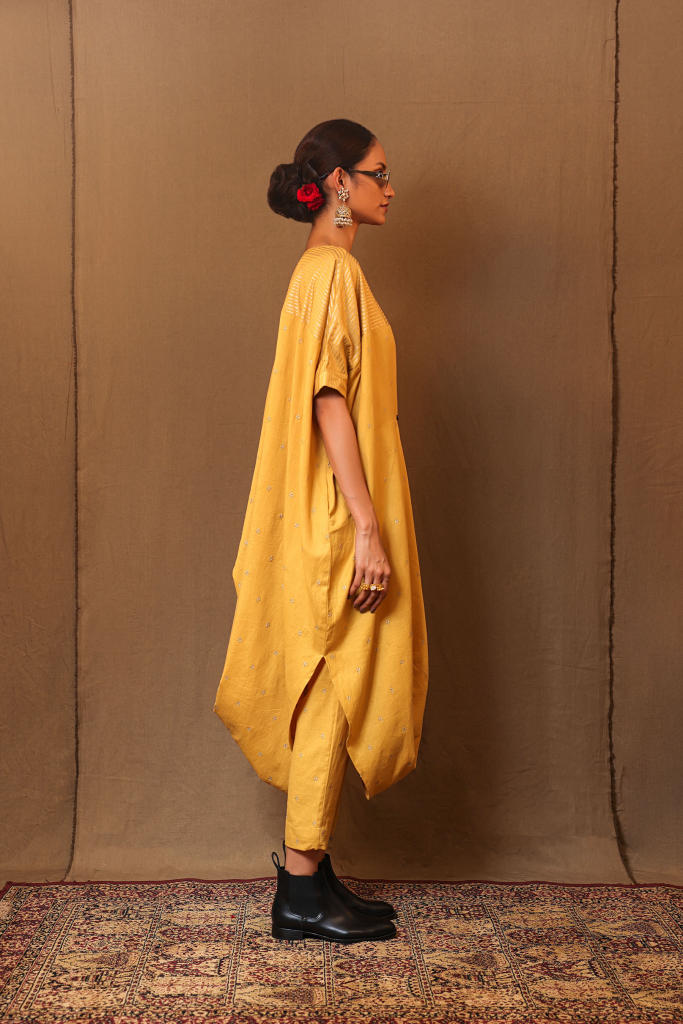 Mustard Club STR Button Cowl Tunic 100% cotton by Mati in mustard color for women Worldwide