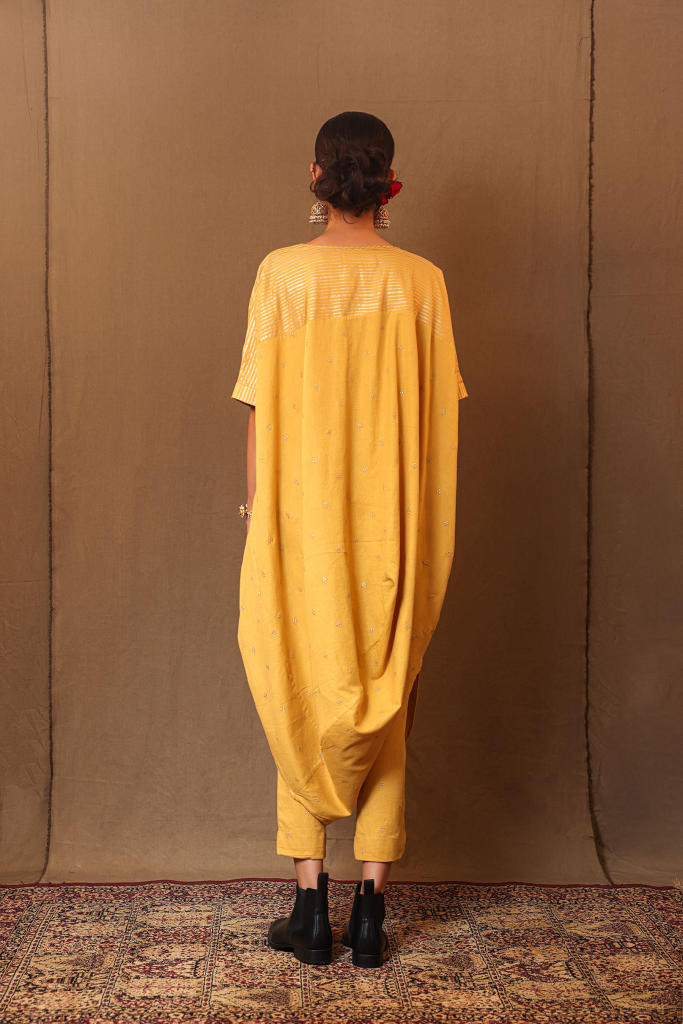 Mustard Club STR Button Cowl Tunic 100% cotton by Mati in mustard color for women Worldwide