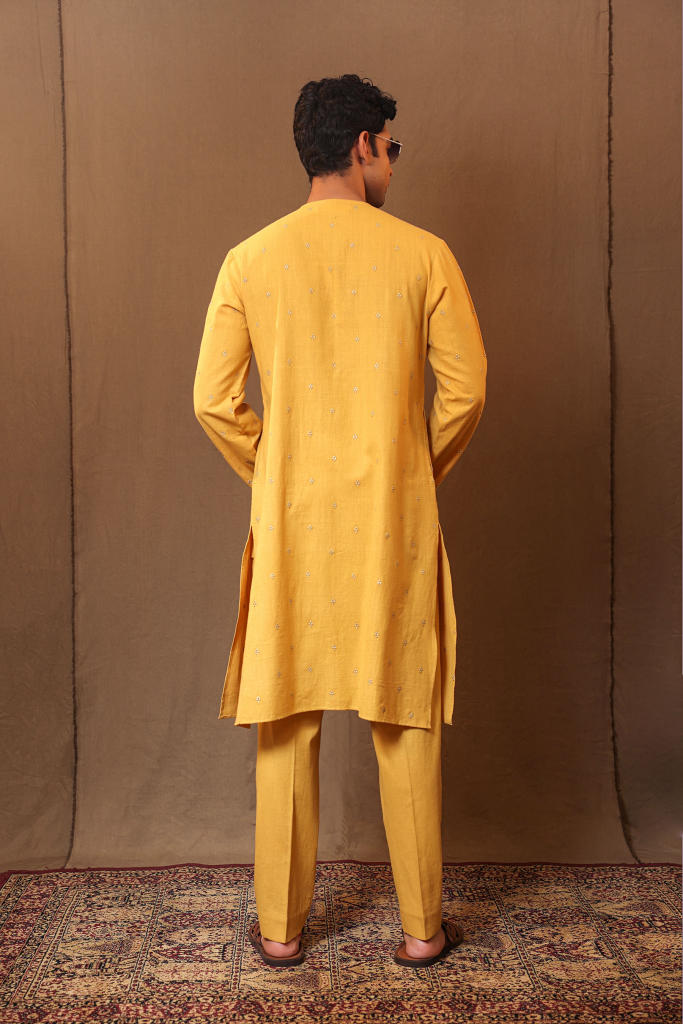Mustard EMB Zari Clubs SB Cotton Kurta