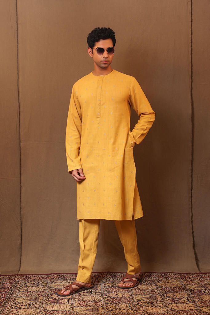Mustard EMB Zari Clubs SB Cotton Kurta