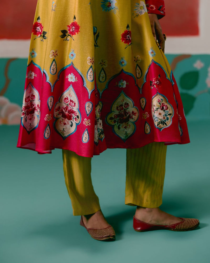 Mustard & Pink Floral Anarkali Set by Label Mogra in pink color for women Worldwide