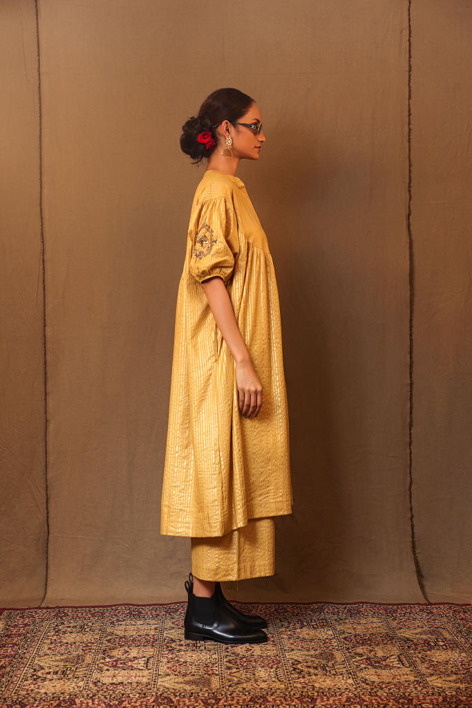 Mustard STR EMB Spade Acra Tunic 100% cotton by Mati in mustard color for women Worldwide