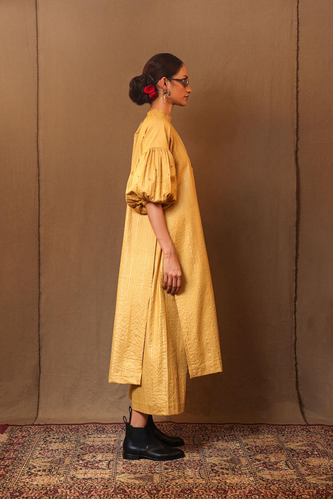 Mustard STR RE Pants 100% cotton by Mati in mustard color for women Worldwide