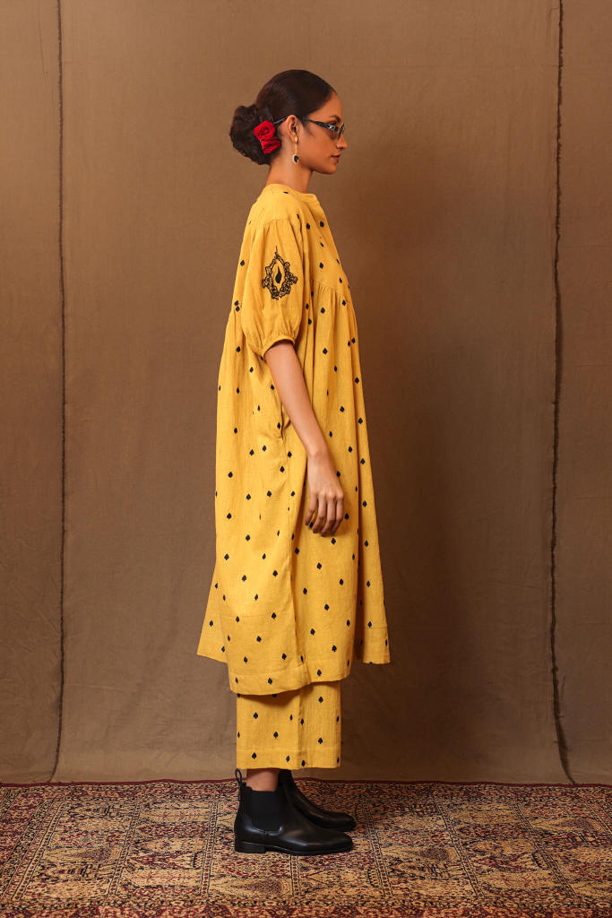 Mustard Spade EMB Acra Tunic 100% cotton by Mati in mustard color for women Worldwide