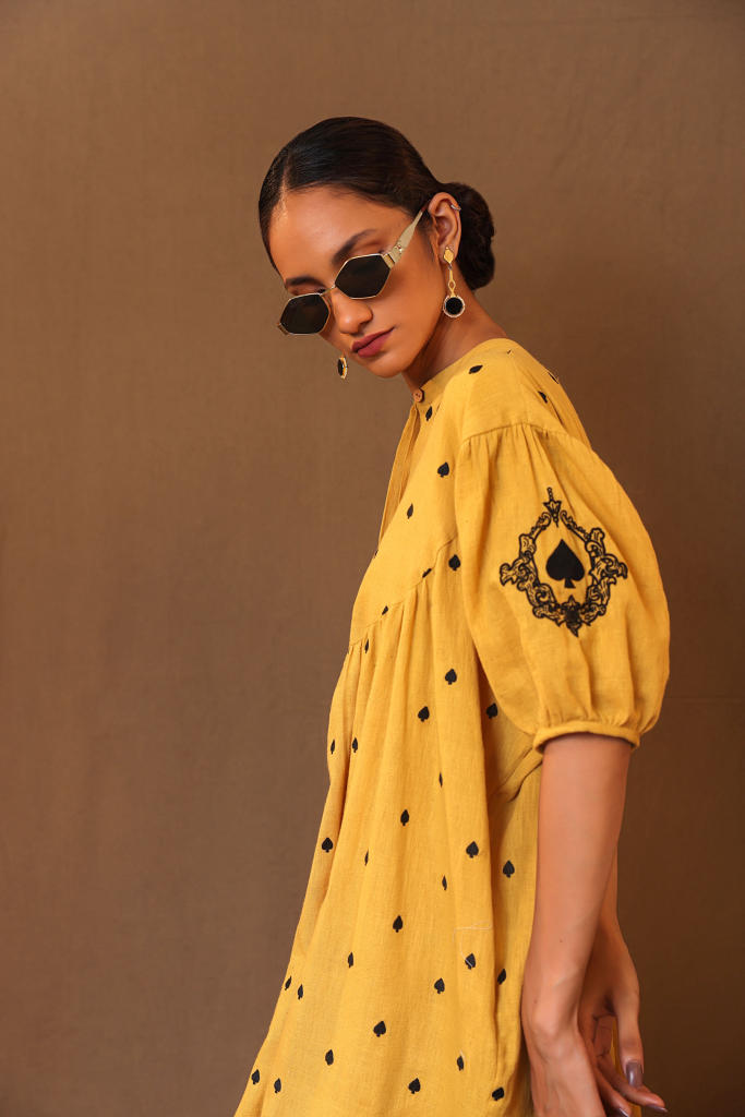 Mustard Spade EMB Acra Tunic 100% cotton by Mati in mustard color for women Worldwide