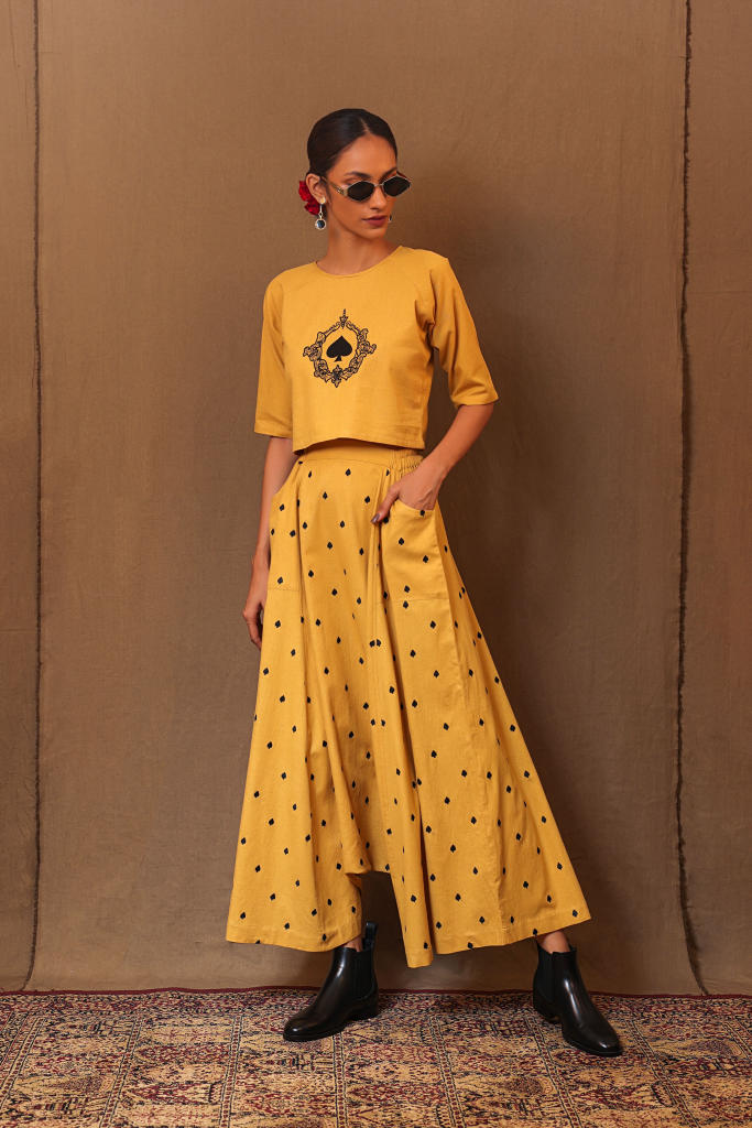 Mustard Spade EMB Harem Pants 100% cotton by Mati in mustard color for women Worldwide