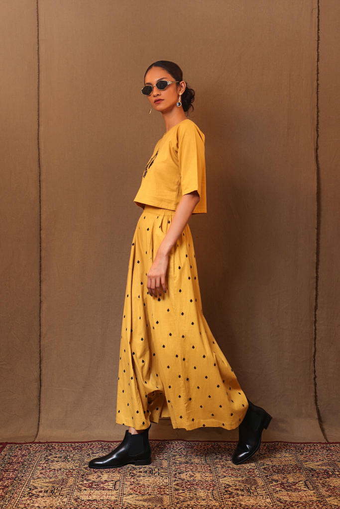 Mustard Spade EMB Harem Pants 100% cotton by Mati in mustard color for women Worldwide