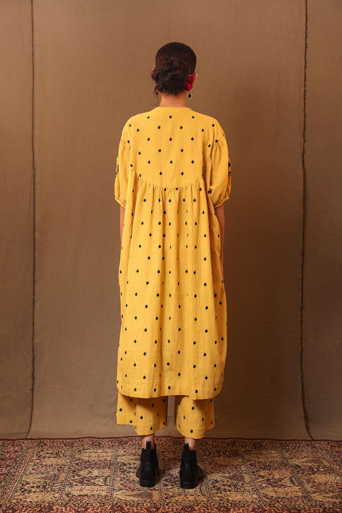 Mustard Spade EMB RE Pants 100% cotton by Mati in mustard color for women Worldwide