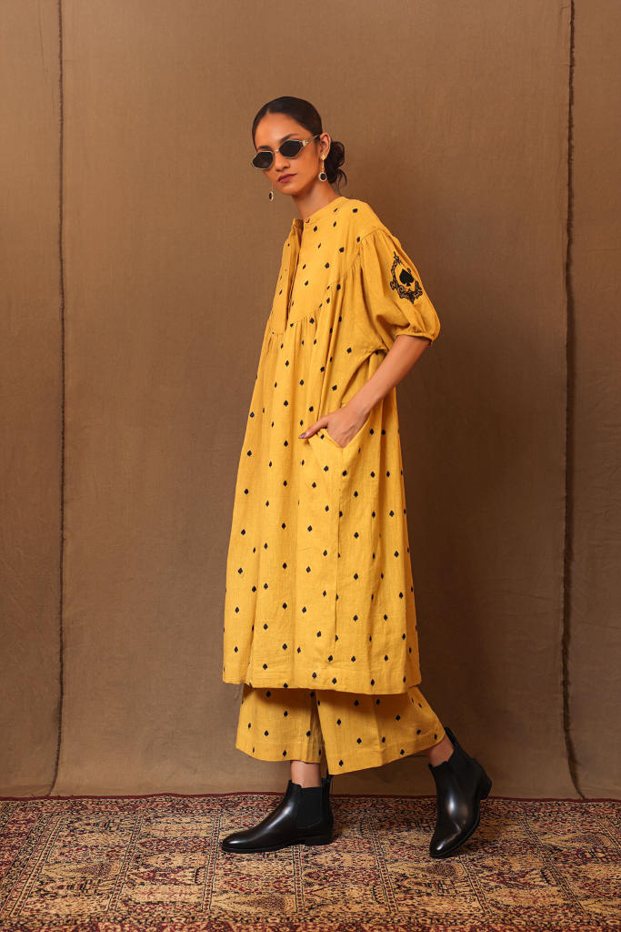 Mustard Spade EMB RE Pants 100% cotton by Mati in mustard color for women Worldwide