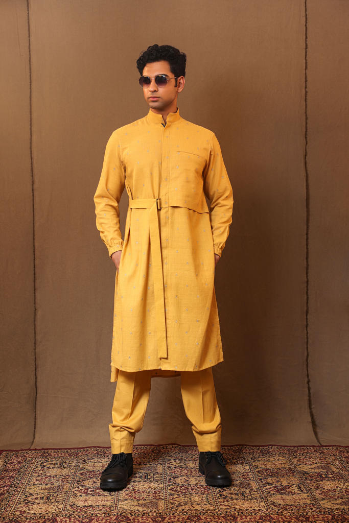 Mustard Zari Club EMB Belted Kurta