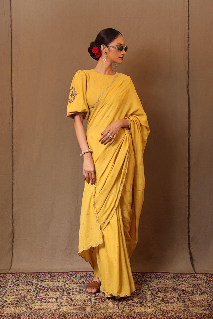 Mustard Zari Club EMB Saree 100% cotton by Mati in mustard color for women Worldwide