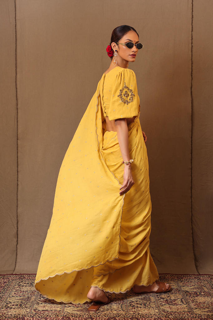 Mustard Zari Club EMB Saree 100% cotton by Mati in mustard color for women Worldwide
