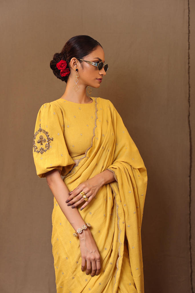 Mustard Zari Club EMB Saree 100% cotton by Mati in mustard color for women Worldwide