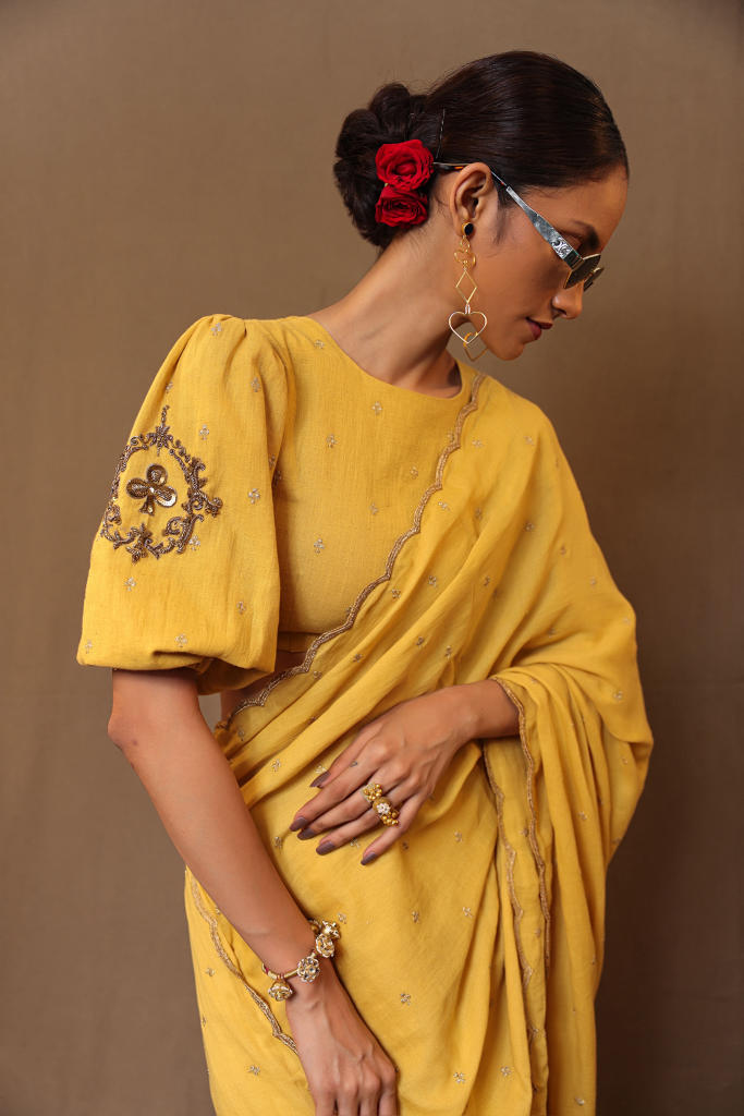 Mustard Zari Club EMB Saree 100% cotton by Mati in mustard color for women Worldwide