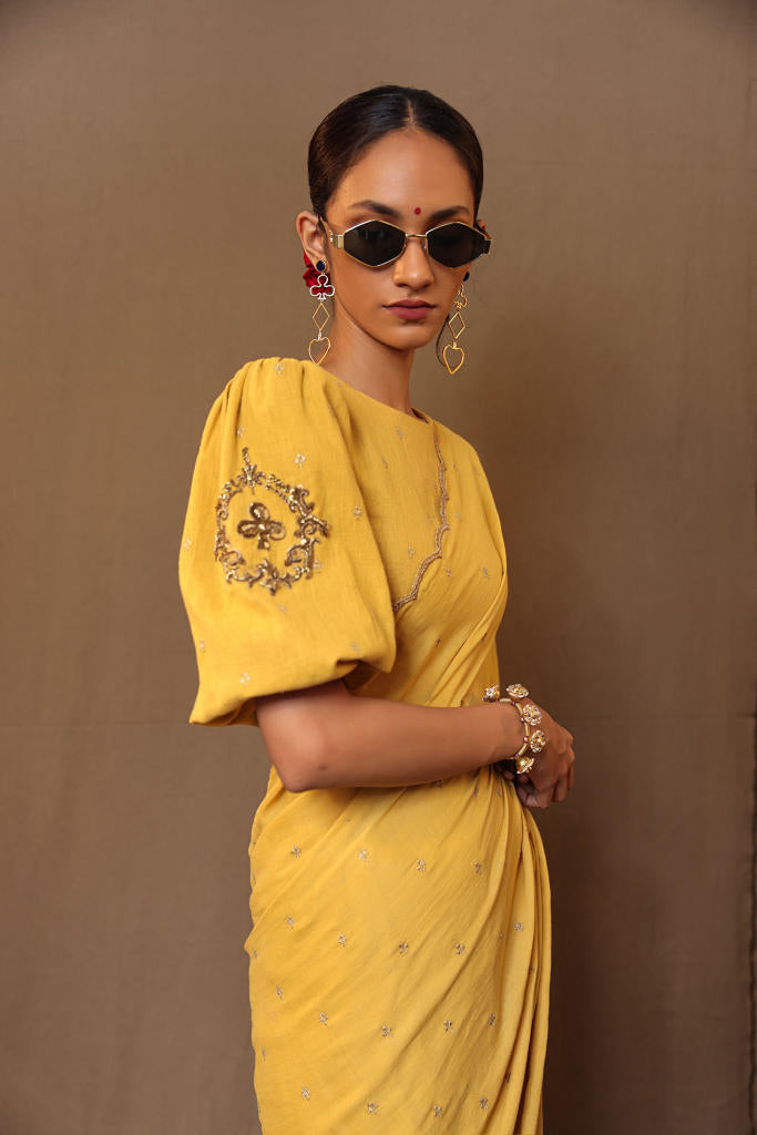 Mustard Zari Club EMB Saree 100% cotton by Mati in mustard color for women Worldwide