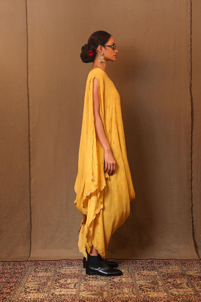 Mustard Zari Spade EMB Cowl Dress 100% cotton by Mati in mustard color for women Worldwide