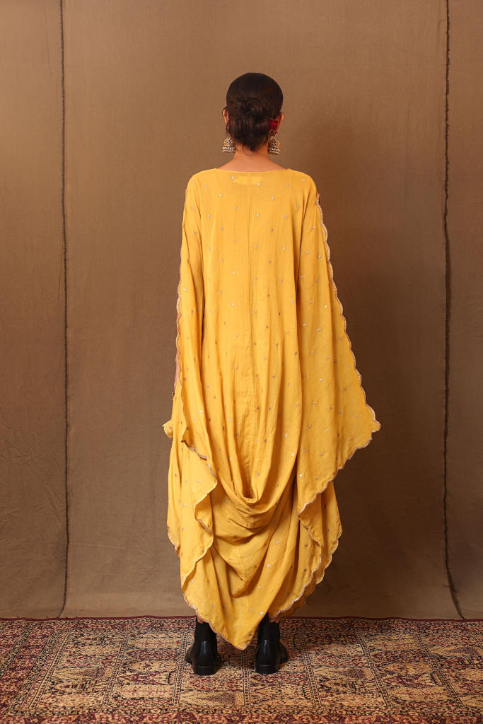 Mustard Zari Spade EMB Cowl Dress 100% cotton by Mati in mustard color for women Worldwide
