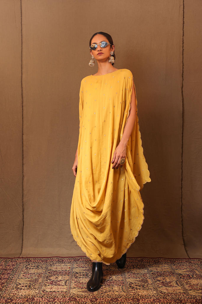 Mustard Zari Spade EMB Cowl Dress 100% cotton by Mati in mustard color for women Worldwide