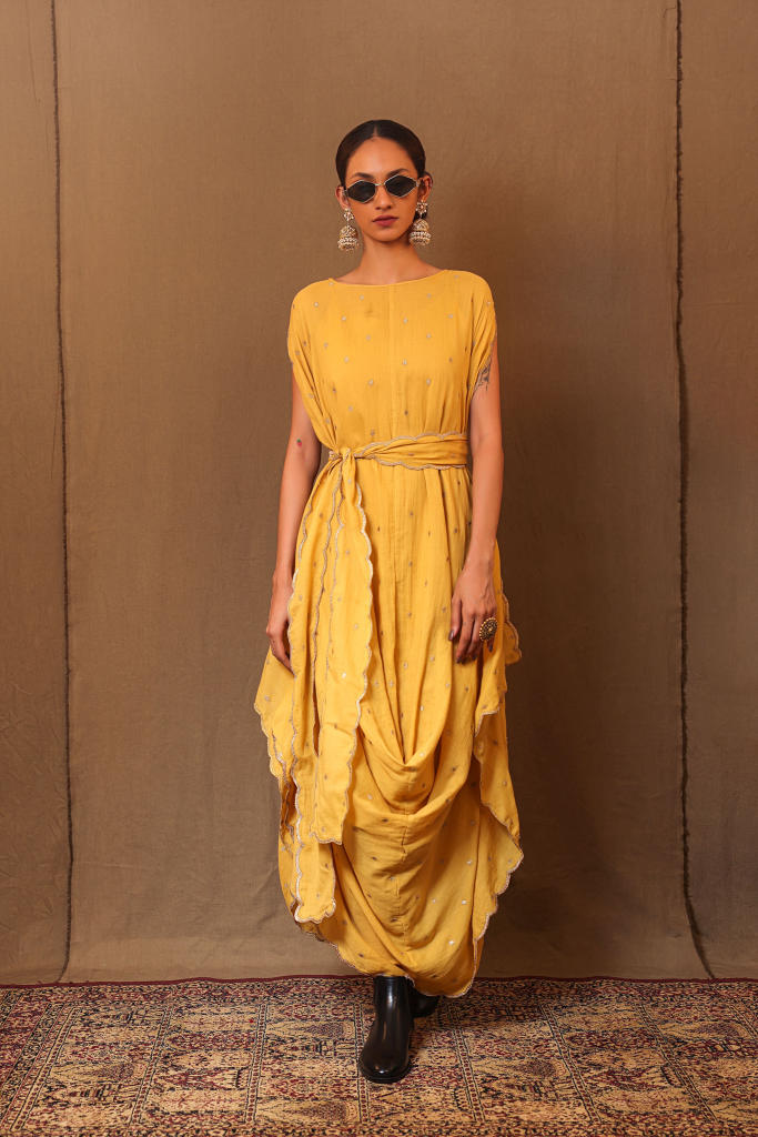 Mustard Zari Spade EMB Cowl Dress & Stole (3 PCS) 100% cotton by Mati in mustard color for women Worldwide
