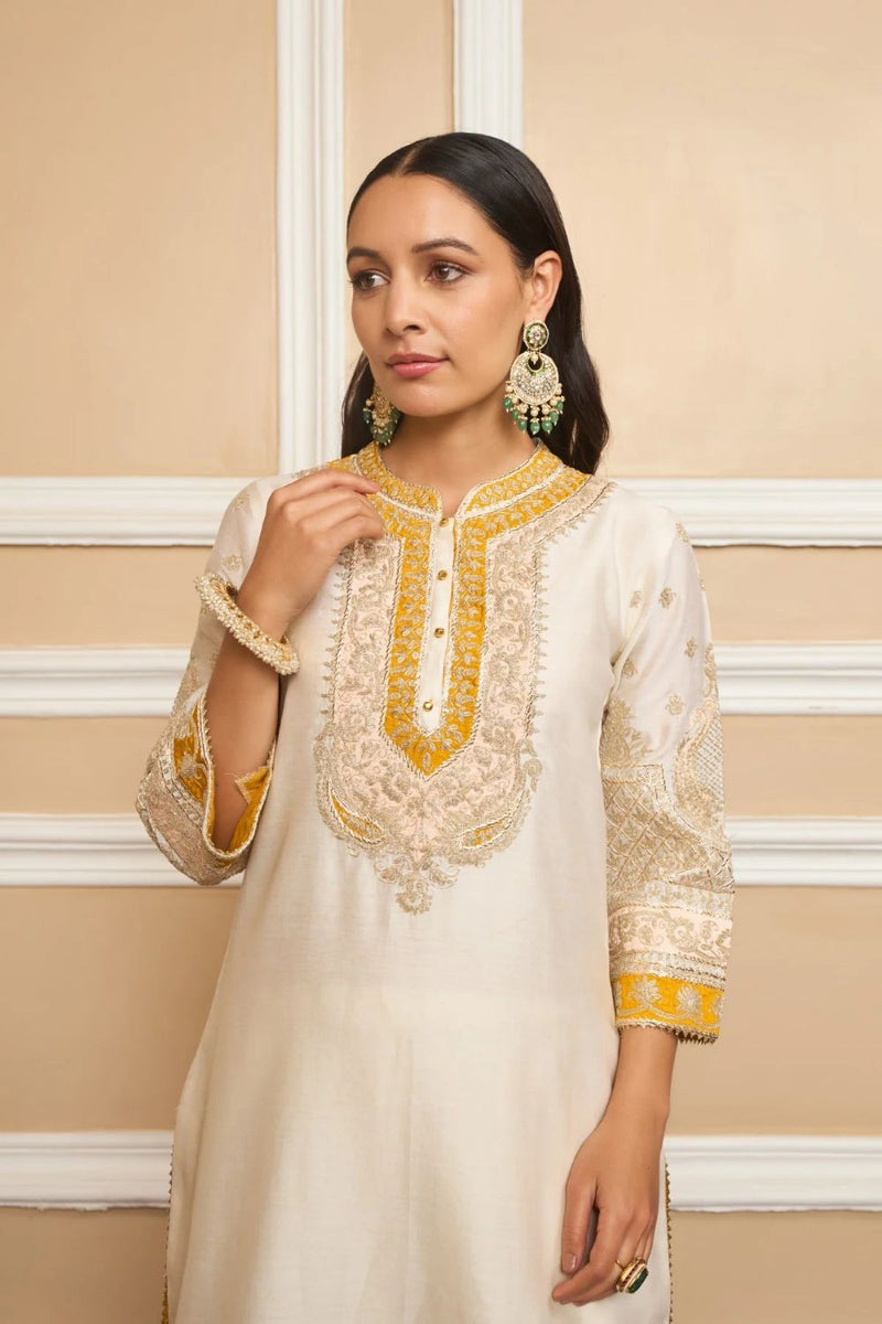 Myreen Straight kurta with dhoti-Daisy Ivory silk by SHEETAL BATRA in ivory color for women Worldwide