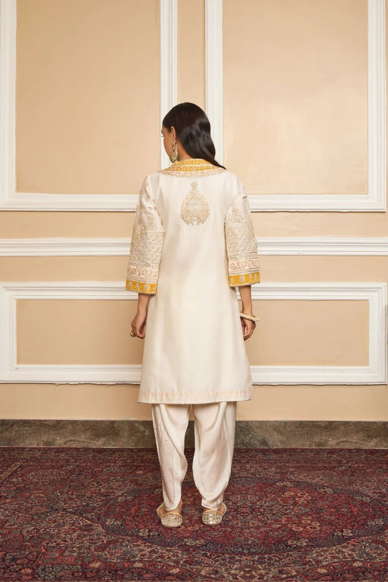 Myreen Straight kurta with dhoti-Daisy Ivory silk by SHEETAL BATRA in ivory color for women Worldwide