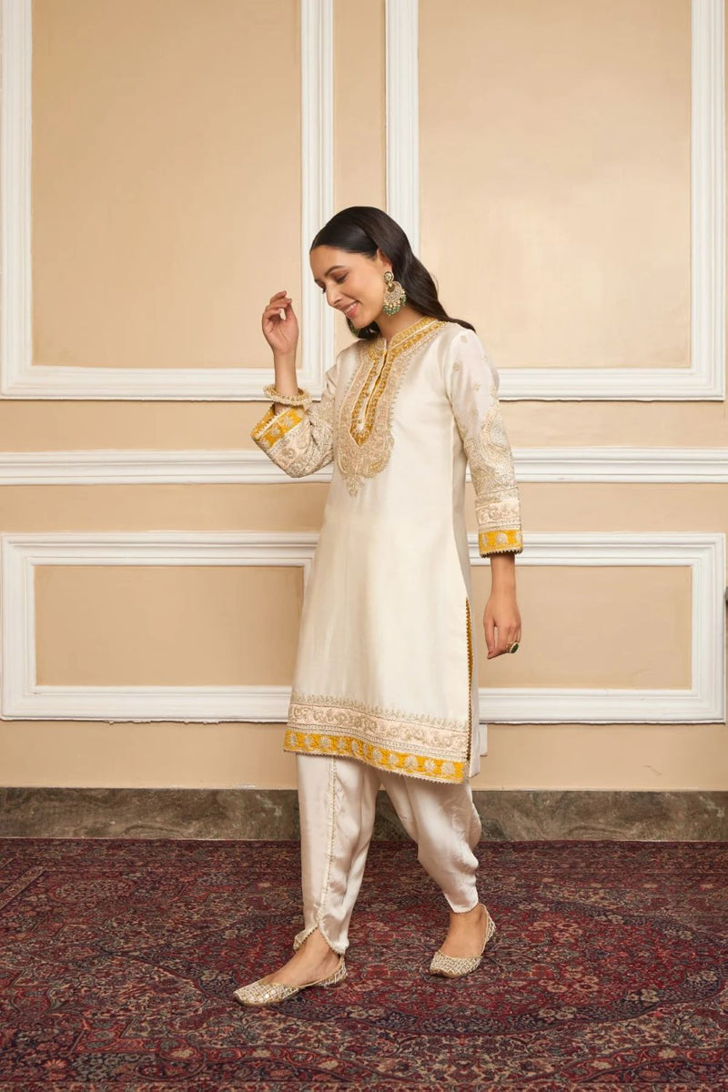 Myreen Straight kurta with dhoti-Daisy Ivory silk by SHEETAL BATRA in ivory color for women Worldwide
