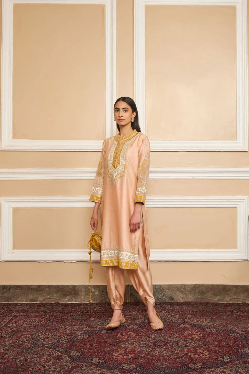 Myreen Straight kurta with dhoti-Rosepink silk by SHEETAL BATRA in pink color for women Worldwide