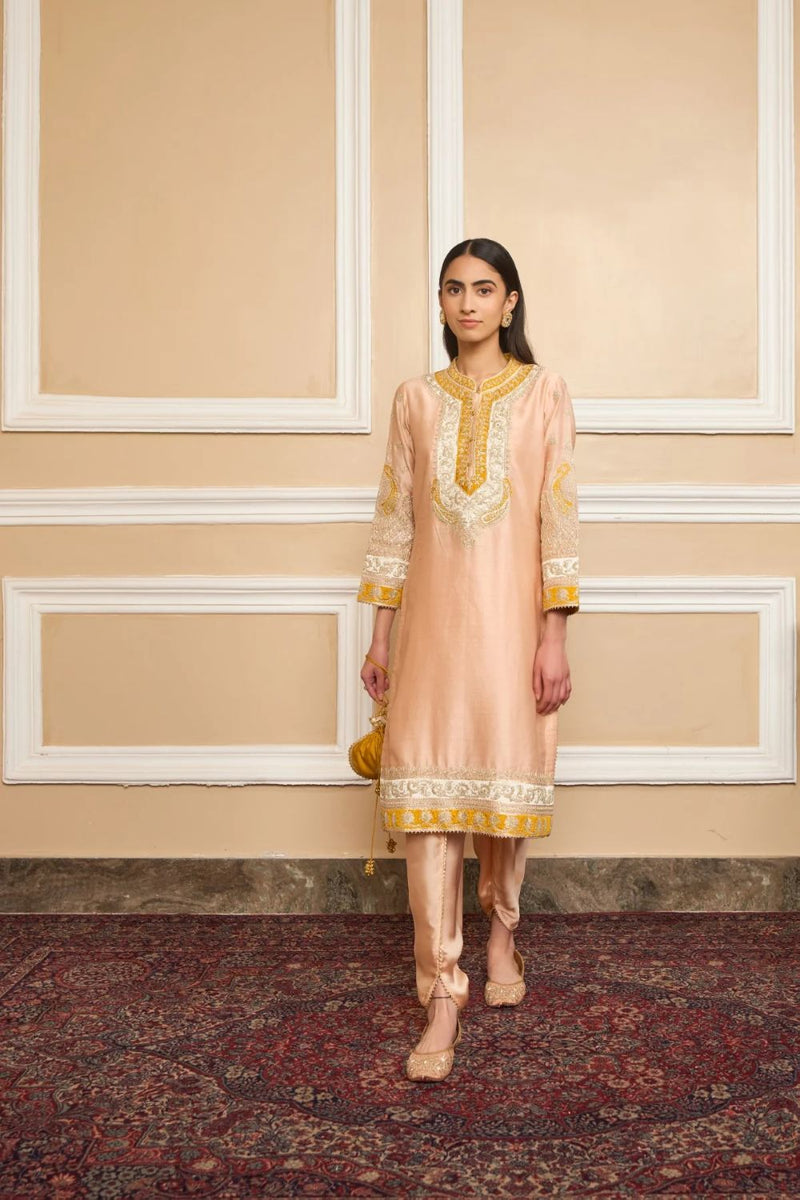 Myreen Straight kurta with dhoti-Rosepink silk by SHEETAL BATRA in pink color for women Worldwide