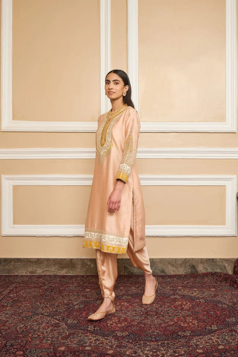 Myreen Straight kurta with dhoti-Rosepink silk by SHEETAL BATRA in pink color for women Worldwide
