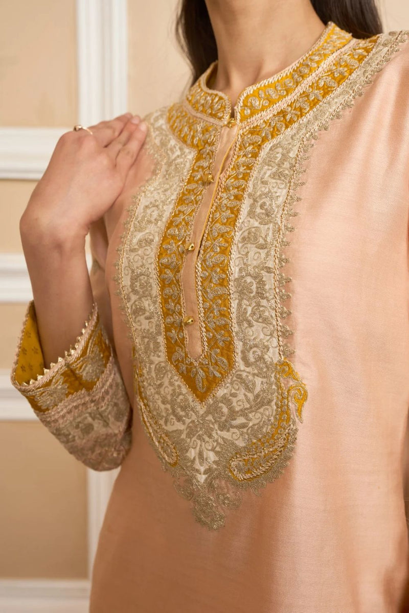 Myreen Straight kurta with dhoti-Rosepink silk by SHEETAL BATRA in pink color for women Worldwide