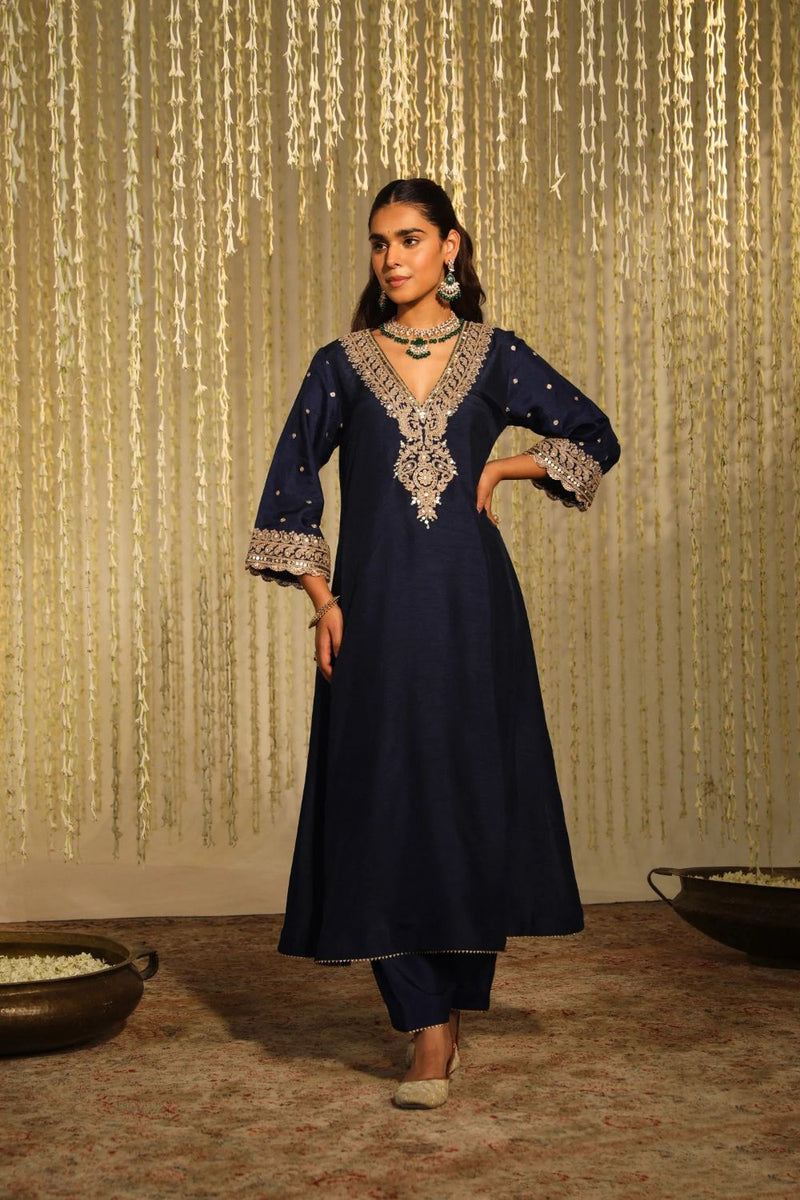 Mysha Long chauga with Salwar-Deep Blue silk by SHEETAL BATRA in blue color for women Worldwide