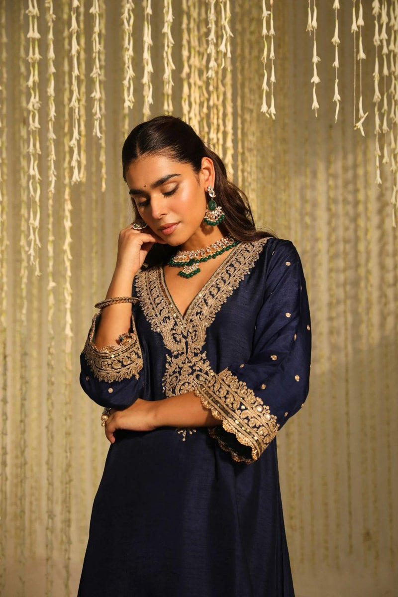 Mysha Long chauga with Salwar-Deep Blue silk by SHEETAL BATRA in blue color for women Worldwide