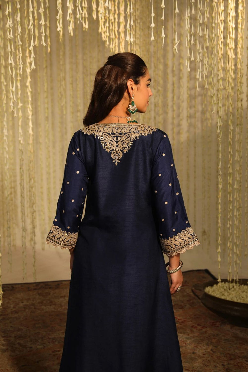 Mysha Long chauga with Salwar-Deep Blue silk by SHEETAL BATRA in blue color for women Worldwide