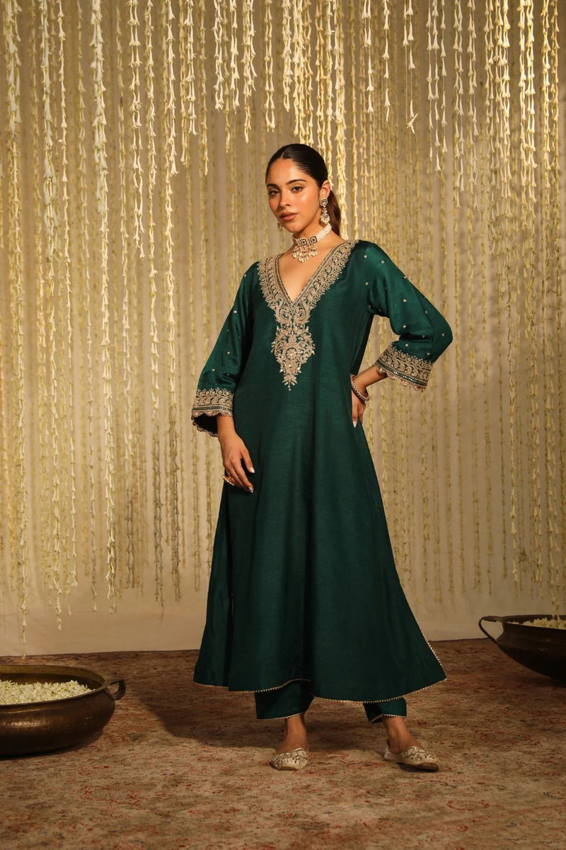Mysha Long chauga with Salwar-Emerald Green silk by SHEETAL BATRA for women Worldwide