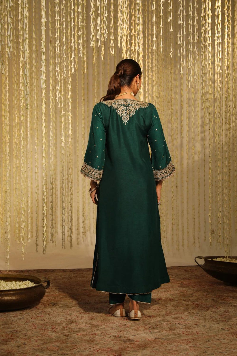 Mysha Long chauga with Salwar-Emerald Green silk by SHEETAL BATRA for women Worldwide