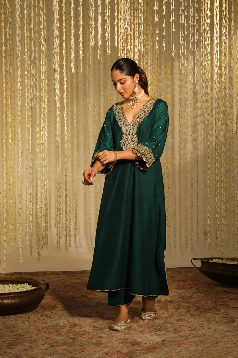 Mysha Long chauga with Salwar-Emerald Green silk by SHEETAL BATRA for women Worldwide