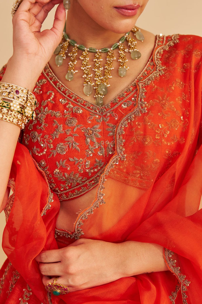 Naazila - Dabka Zardozi Embroidered Raw Silk Burnt Orange Lehenga Set silk by SHEETAL BATRA in orange color for women Worldwide