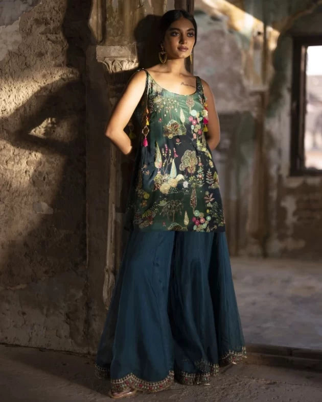 Nadira Teal Sharara Set by Rajiramniq in teal color for women Worldwide