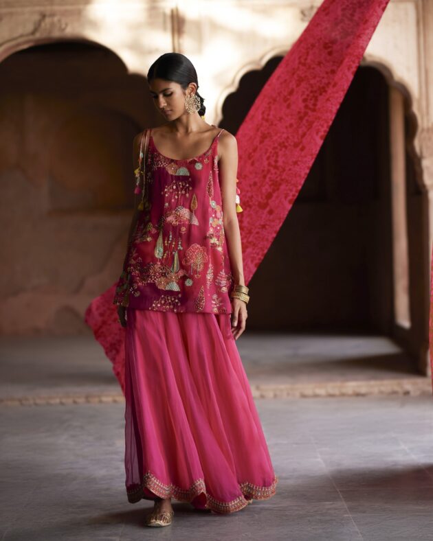 Nadira Magenta Sharara Set by Rajiramniq for women Worldwide