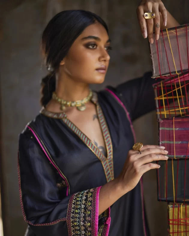Nadira Black Silk Butti Back Yoke Kurta Set silk by Rajiramniq in black color for women Worldwide