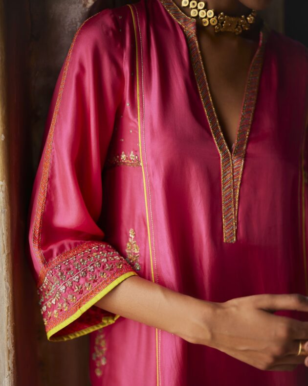 Nadira Hot Pink Silk Butti Back Yoke Kurta Set silk by Rajiramniq in pink color for women Worldwide
